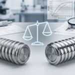 転造ボールねじと精密ボールねじの比較、選定基準を示す天秤と測定器、精度・コストのグラフ。