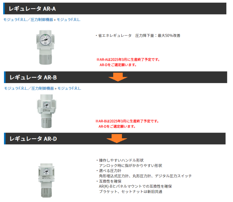 SMC製のレギュレータ（AR-A、AR-B、AR-D）の違い