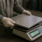 金蔵プレートを重量測定している様子