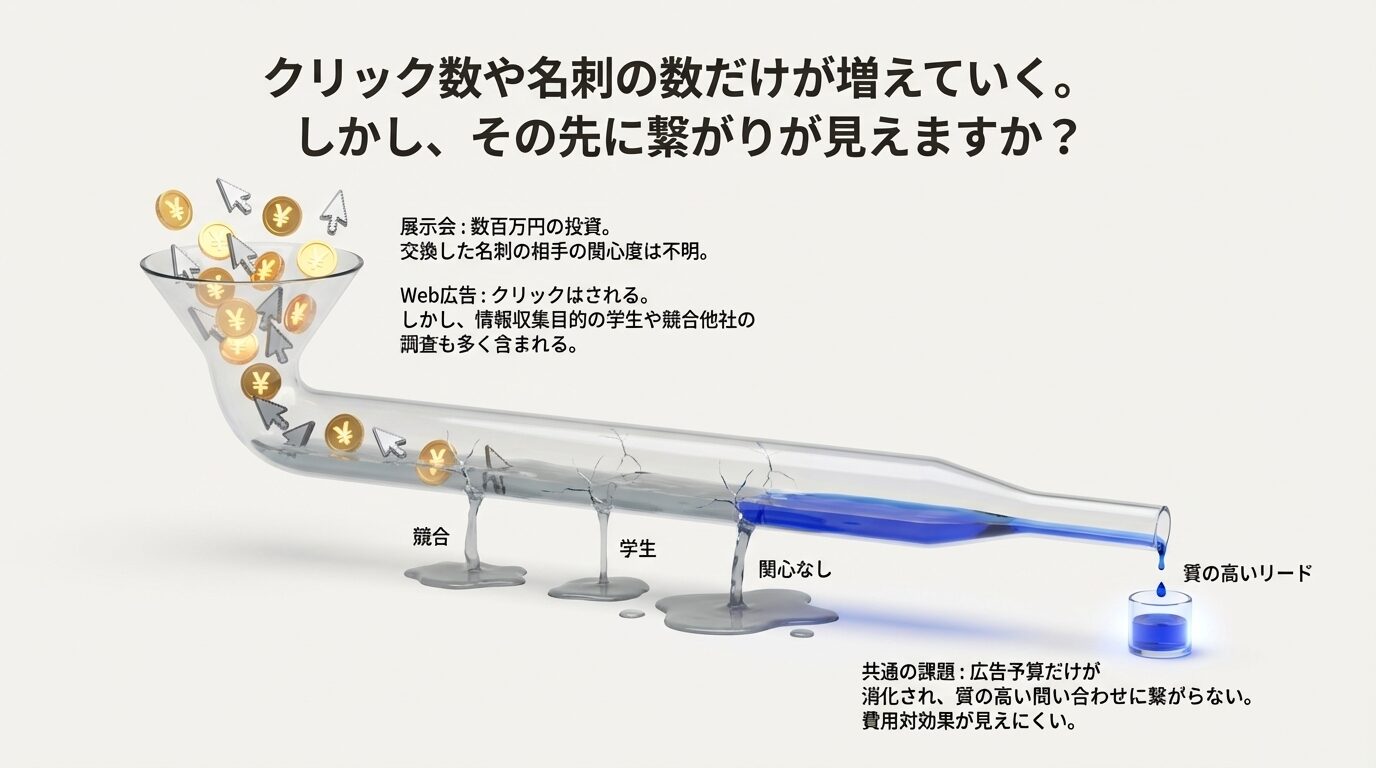 クリック数や名刺交換数は多いが、その中に競合他社や学生が含まれ、本当に質の高いリード(見込み客)が少ないことを示す図解。