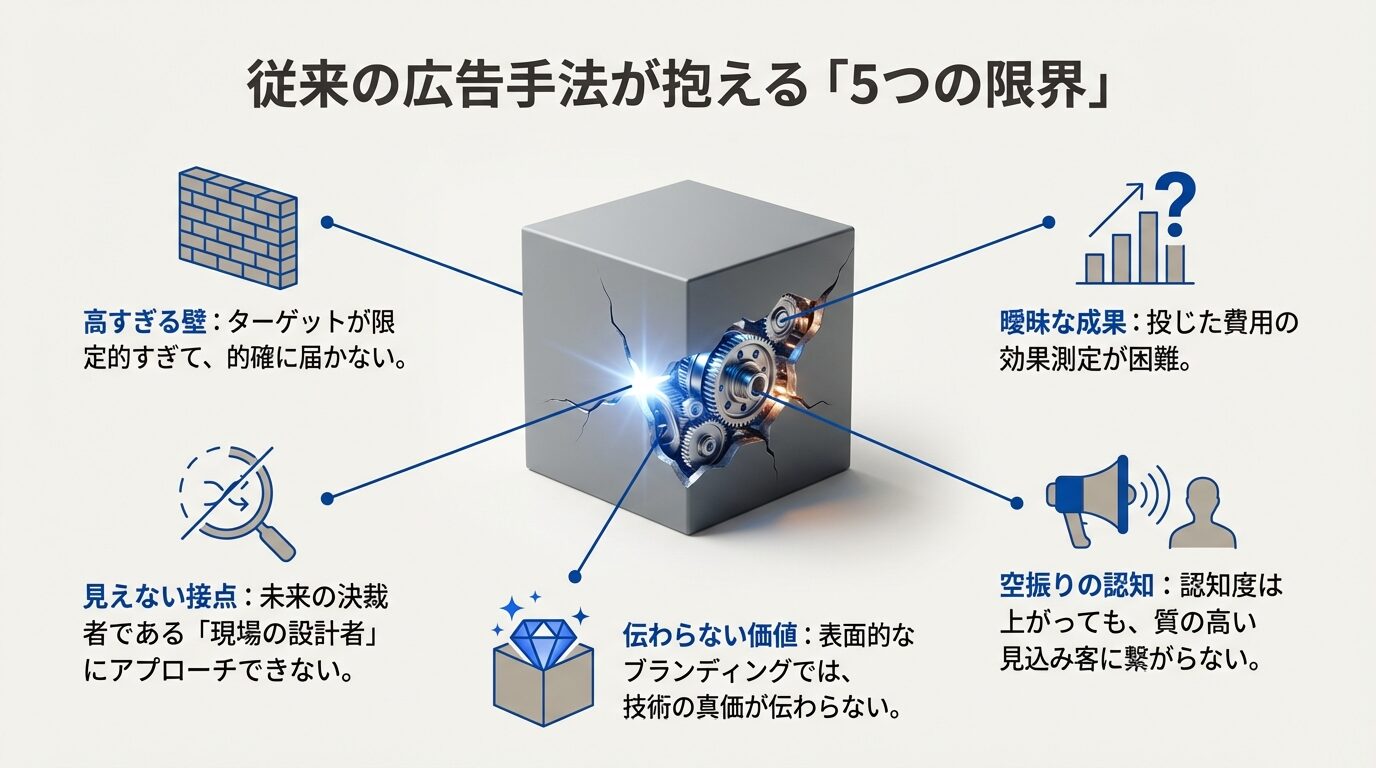 ターゲットの限定性、成果の曖昧さ、決裁者への未到達など、従来の広告手法が抱える5つの課題(高い壁、曖昧な成果、見えない接点など)を箇条書きで示したスライド。