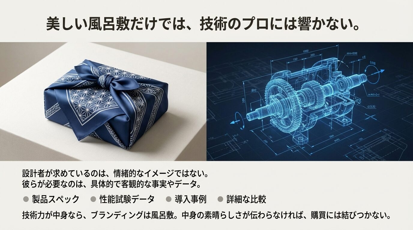 美しい風呂敷包み(表面的なブランディング)と、精緻な機械図面(技術データ)を対比させた画像。設計者が求めているのは客観的なデータであることを示唆している。