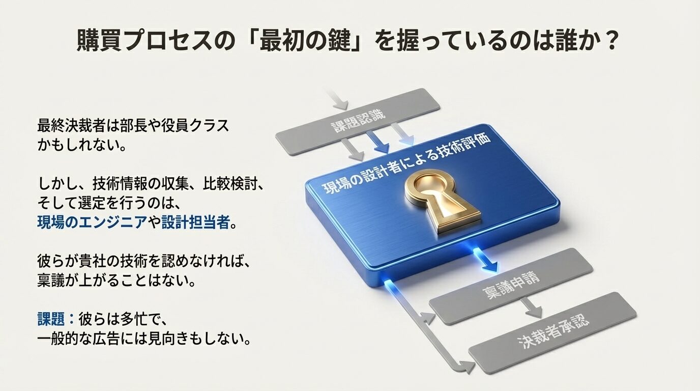 購買プロセスの鍵穴と鍵のイラスト。現場の設計者による技術評価が最初のステップであり、そこから稟議申請、決裁者承認へと進むフロー図。