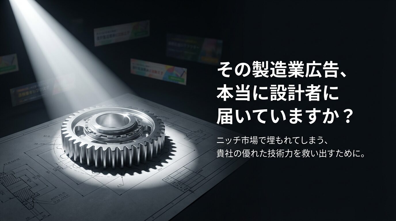 「その製造業広告、本当に設計者に届いていますか?」というキャッチコピーが表示された、青い背景のタイトルスライド。