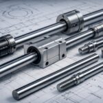 精密機械用のリニアシャフトとリニアベアリングが設計図の上に配置された工業部品のクローズアップ画像。