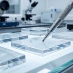 実験室で、傷が付きづらい透明樹脂の耐傷性テストを行っている様子。複数のサンプルプレートと検査機器が並んでいる。