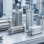 作業台に並べられた様々な種類のエアシリンダと周辺機器