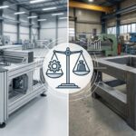 アルミフレームと製缶フレームの比較。機械架台のメリットを天秤で検討するアイキャッチ画像