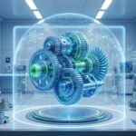 機械設計における生成AIの安全な活用と情報漏洩対策を表現した、透明なセキュリティシールドで保護された機械部品とAIネットワークのイメージ画像