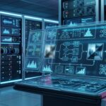 サーバー基盤と高度なアルゴリズムのフローチャートを映し出す近未来的なディスプレイ。画像処理システムの選定プロセスと実用的なデータ解析を象徴する、人物のいないクリーンなテクノロジー背景。